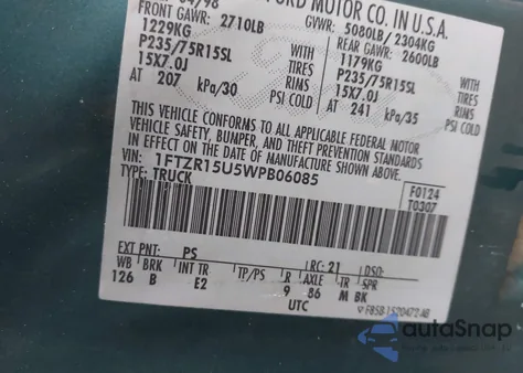 1998 Ford Ranger Splash/Xl/Xlt from USA, damaged, VIN 1FTZR15U5WPB06085